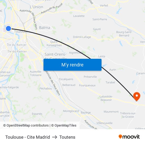 Toulouse - Cite Madrid to Toutens map