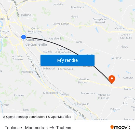 Toulouse - Montaudran to Toutens map