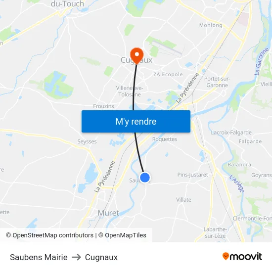 Saubens Mairie to Cugnaux map