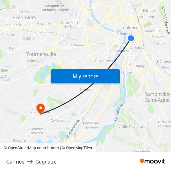 Carmes to Cugnaux map