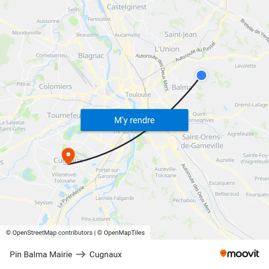 Pin Balma Mairie to Cugnaux map