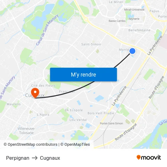 Perpignan to Cugnaux map