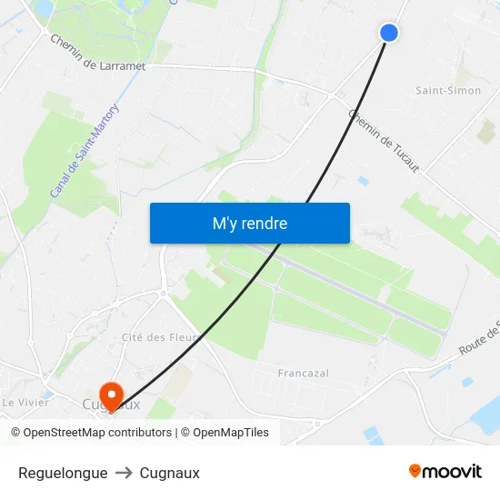 Reguelongue to Cugnaux map