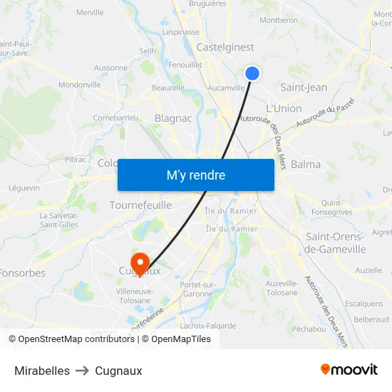 Mirabelles to Cugnaux map