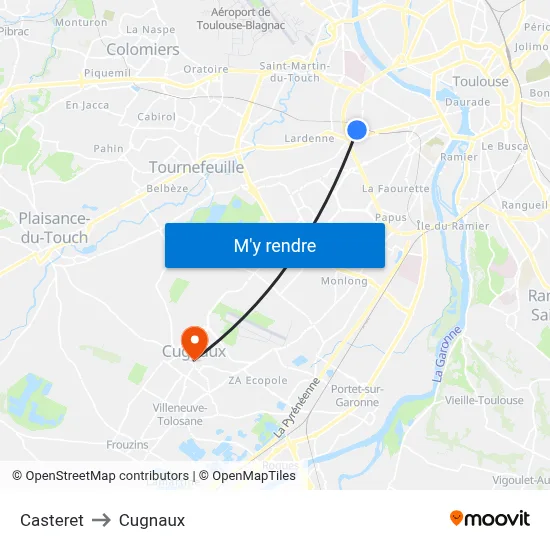 Casteret to Cugnaux map