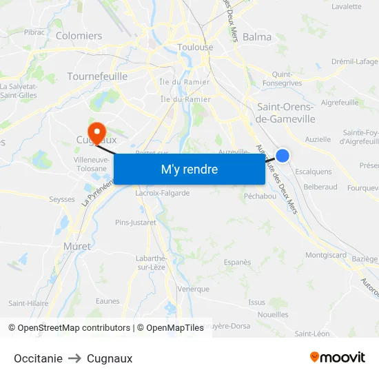 Occitanie to Cugnaux map