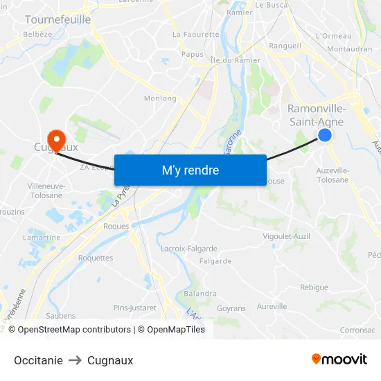 Occitanie to Cugnaux map