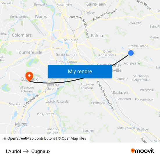 L'Auriol to Cugnaux map