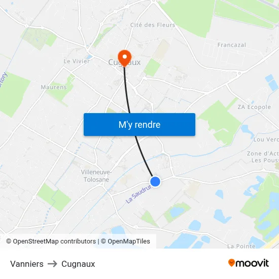 Vanniers to Cugnaux map