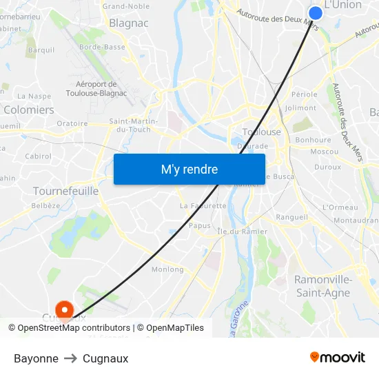 Bayonne to Cugnaux map