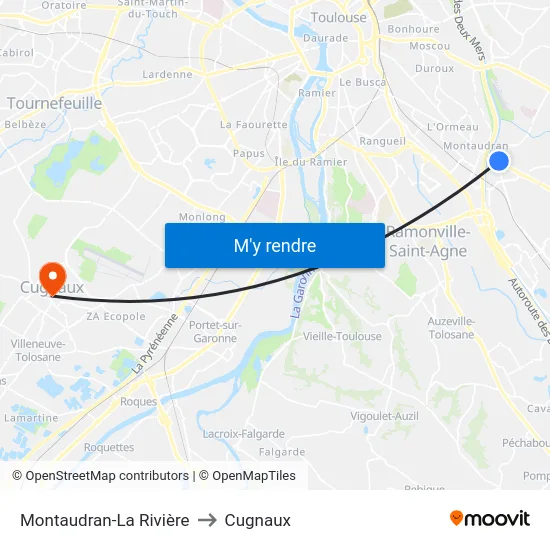 Montaudran-La Rivière to Cugnaux map