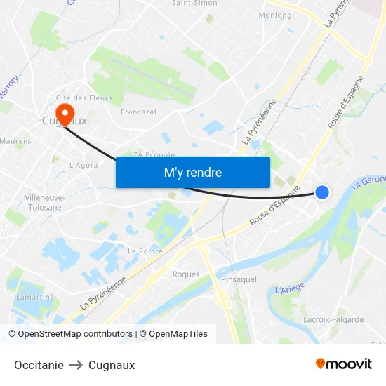 Occitanie to Cugnaux map