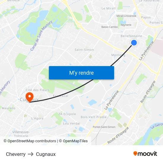 Cheverry to Cugnaux map