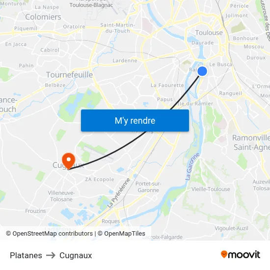 Platanes to Cugnaux map