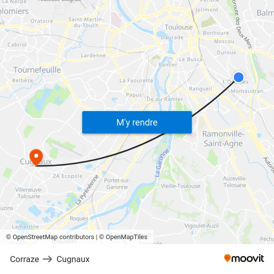 Corraze to Cugnaux map