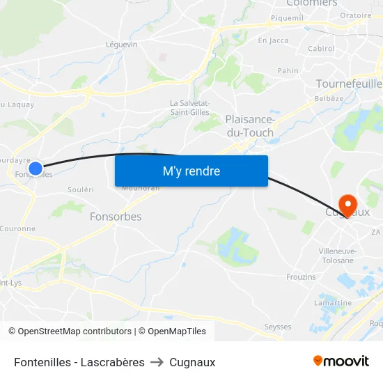 Fontenilles - Lascrabères to Cugnaux map