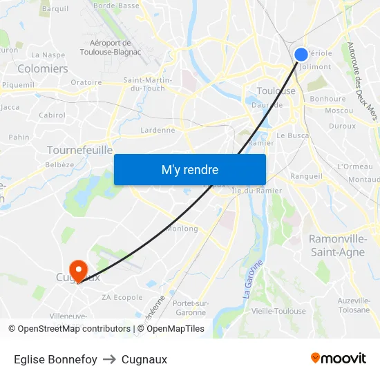 Eglise Bonnefoy to Cugnaux map