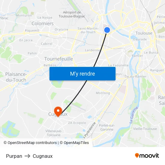 Purpan to Cugnaux map