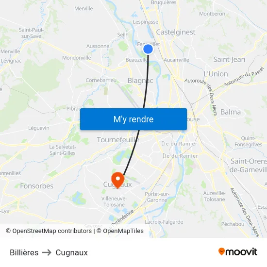 Billières to Cugnaux map