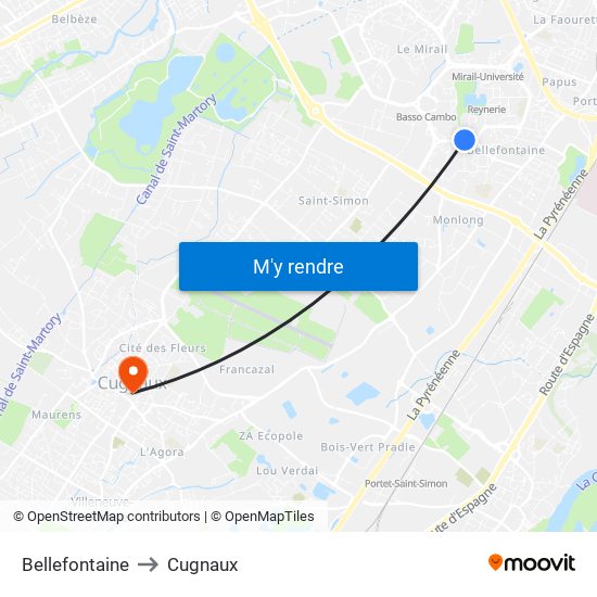 Bellefontaine to Cugnaux map