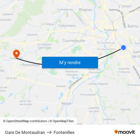 Gare De Montaudran to Fontenilles map