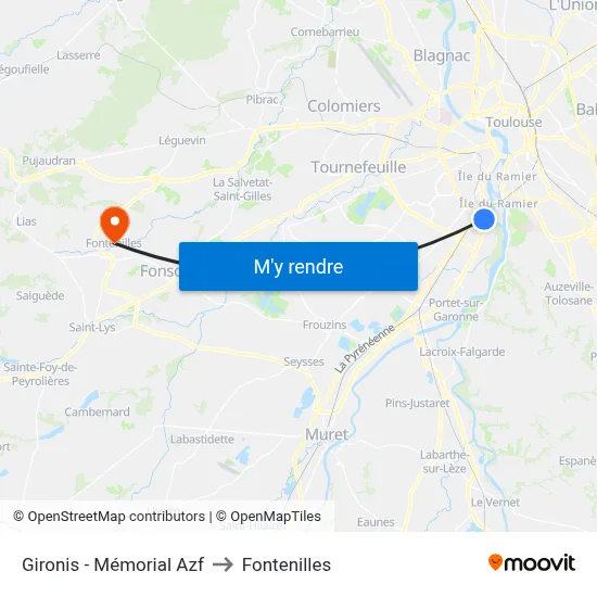Gironis - Mémorial Azf to Fontenilles map