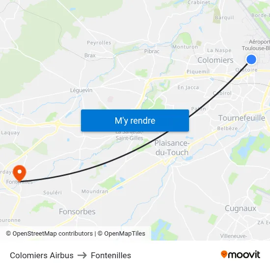 Colomiers Airbus to Fontenilles map