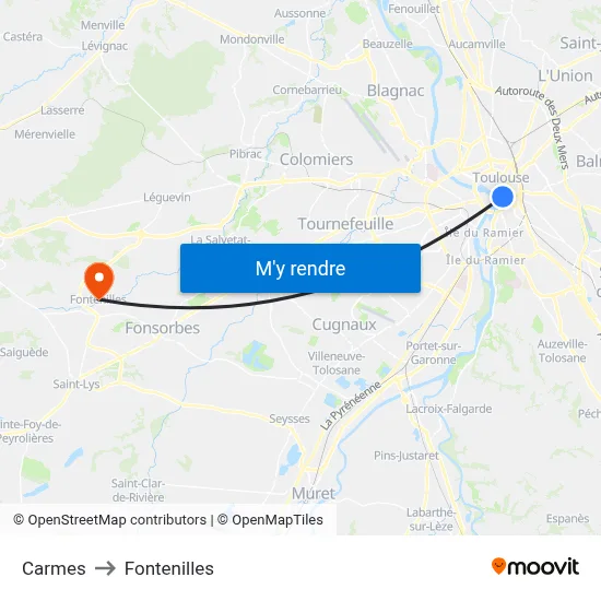 Carmes to Fontenilles map