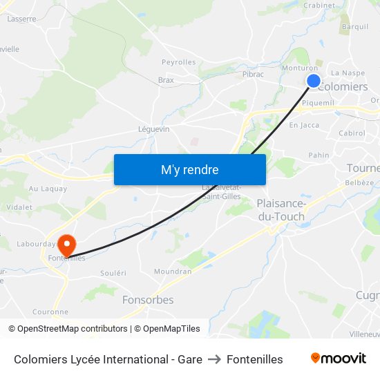 Colomiers Lycée International - Gare to Fontenilles map