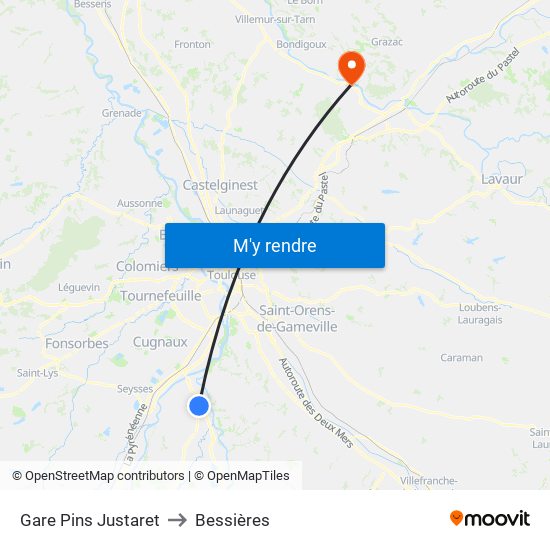 Gare Pins Justaret to Bessières map