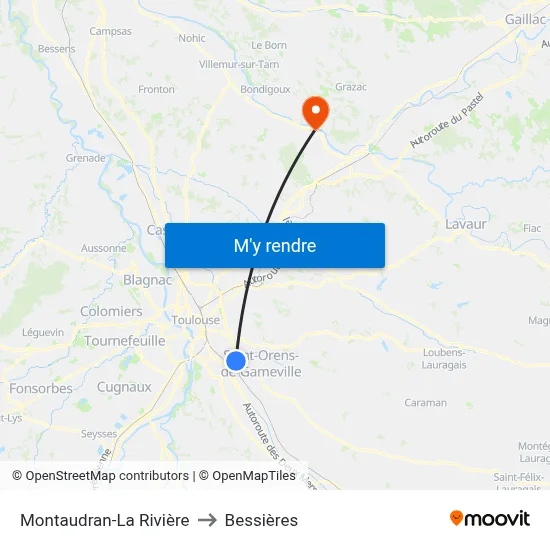 Montaudran-La Rivière to Bessières map