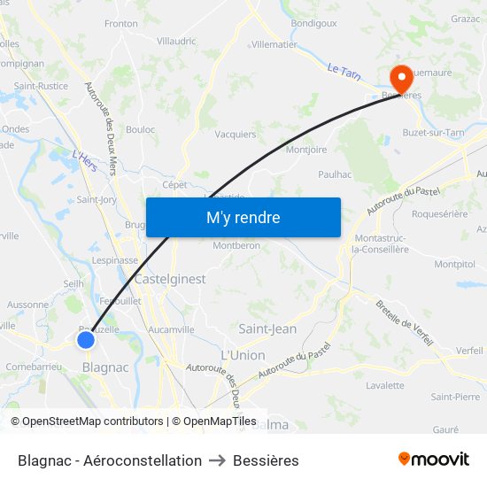 Blagnac - Aéroconstellation to Bessières map