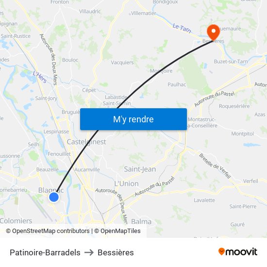 Patinoire-Barradels to Bessières map