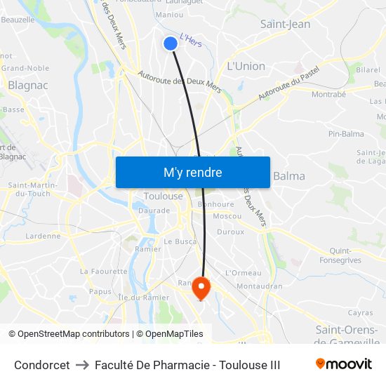 Condorcet to Faculté De Pharmacie - Toulouse III map