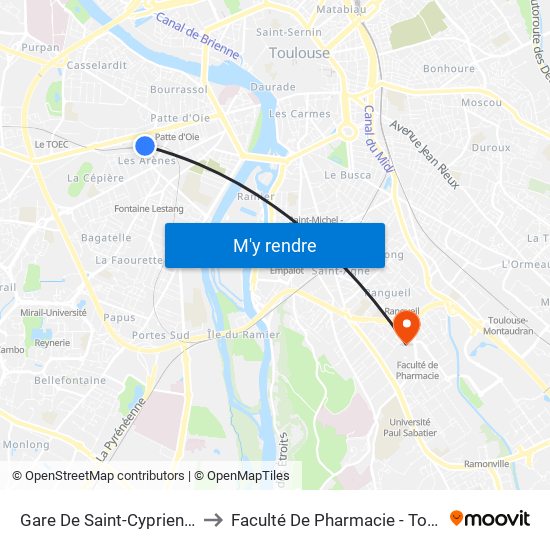 Gare De Saint-Cyprien-Arènes to Faculté De Pharmacie - Toulouse III map