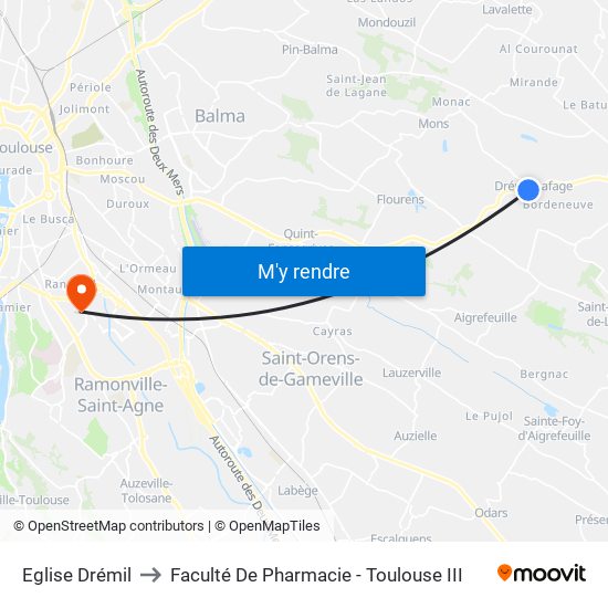 Eglise Drémil to Faculté De Pharmacie - Toulouse III map