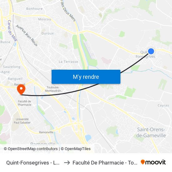 Quint-Fonsegrives - Lauragais to Faculté De Pharmacie - Toulouse III map