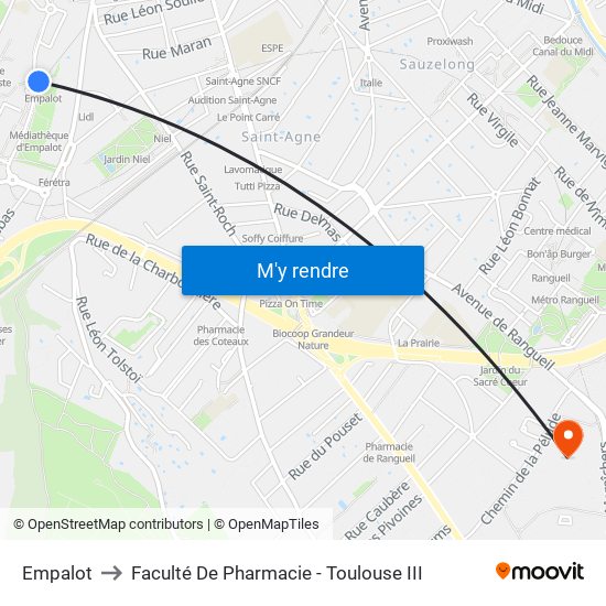Empalot to Faculté De Pharmacie - Toulouse III map