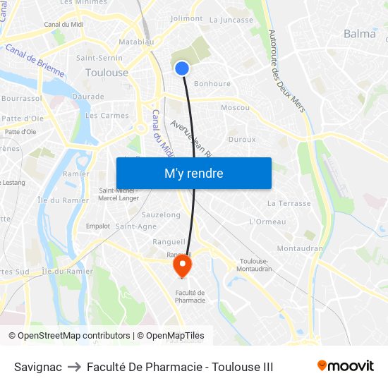 Savignac to Faculté De Pharmacie - Toulouse III map