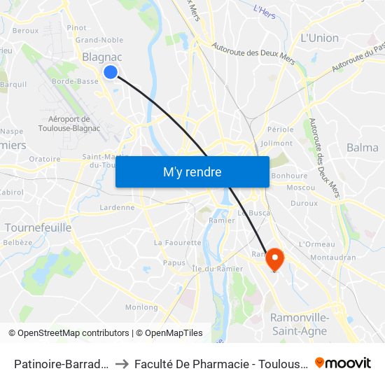 Patinoire-Barradels to Faculté De Pharmacie - Toulouse III map