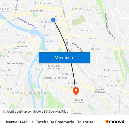 Jeanne D'Arc to Faculté De Pharmacie - Toulouse III map