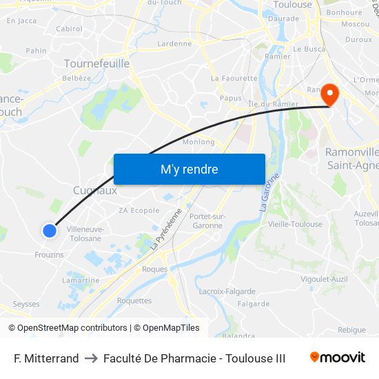 F. Mitterrand to Faculté De Pharmacie - Toulouse III map