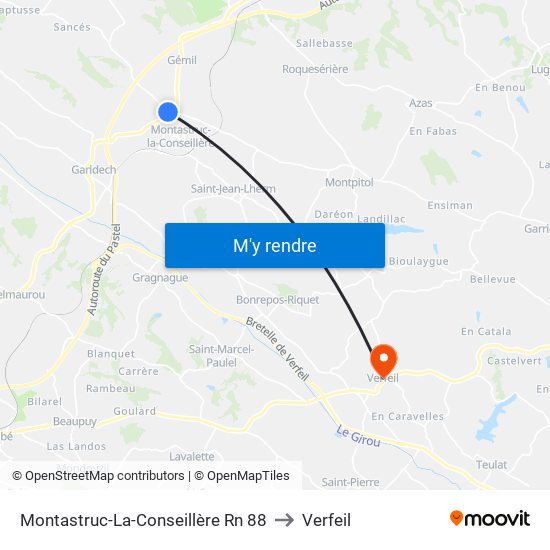 Montastruc-La-Conseillère Rn 88 to Verfeil map