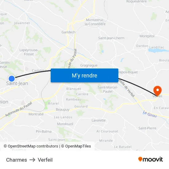 Charmes to Verfeil map