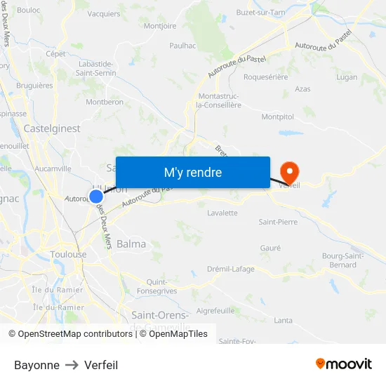 Bayonne to Verfeil map