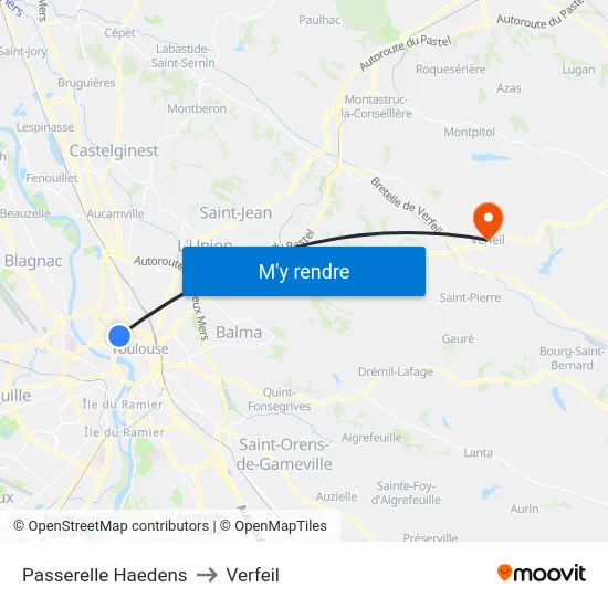 Passerelle Haedens to Verfeil map