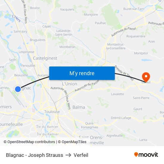 Blagnac - Joseph Strauss to Verfeil map