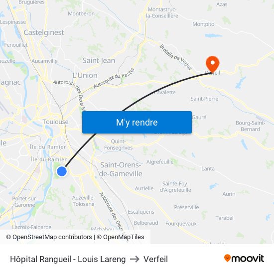 Hôpital Rangueil - Louis Lareng to Verfeil map