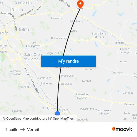 Ticaille to Verfeil map