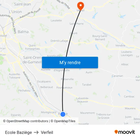 Ecole Baziège to Verfeil map